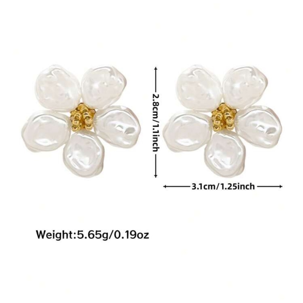 Gold and White pearl Flower Earrings with Crystal Accents - Picture 7 of 7